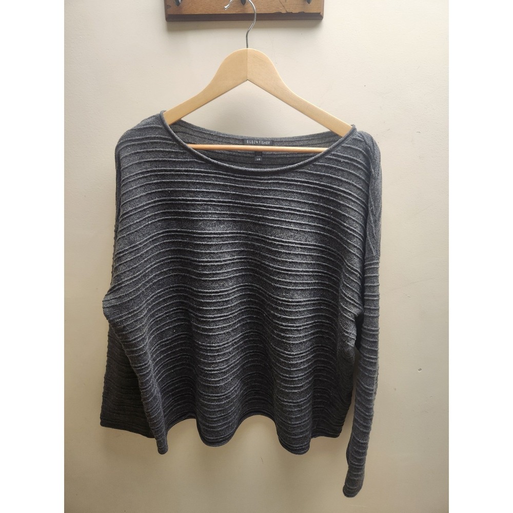 Eileen Fisher Womens Gray‎ Ribbed Organic Cotton Wool Blend Sweater L/G R18PCY